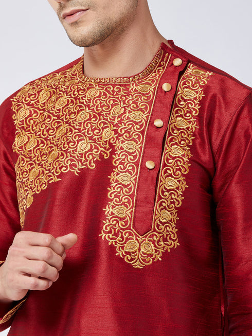 Vastramay Men's Maroon And Gold Silk Blend Kurta and Dhoti Set